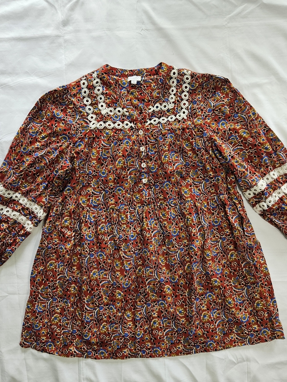 Mud Pie Womens L Red Rust Floral Crochet Lace Detail Barlowe Dress Cotton